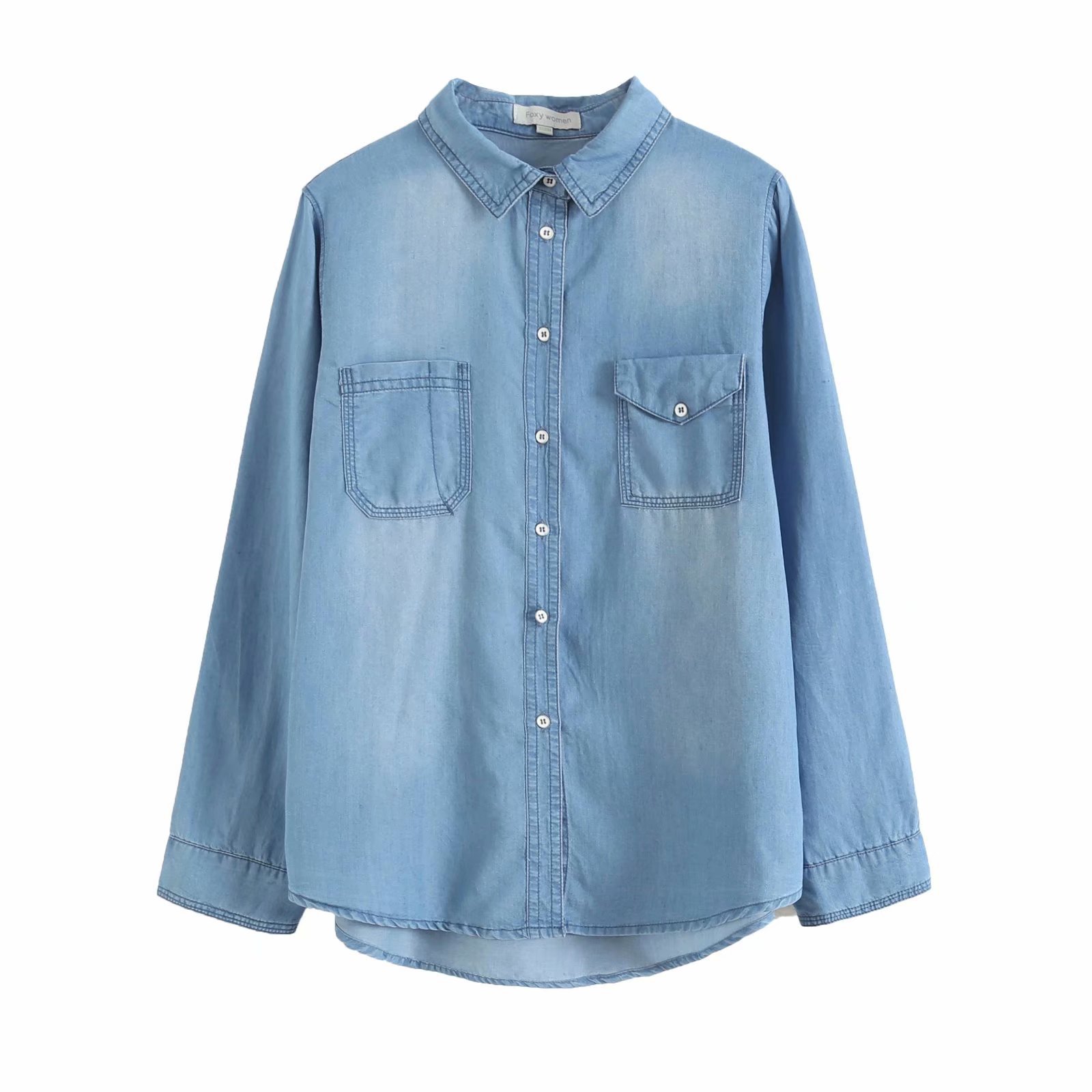 Lapel Wild Pocket Loose Denim Shirt NSAM34006