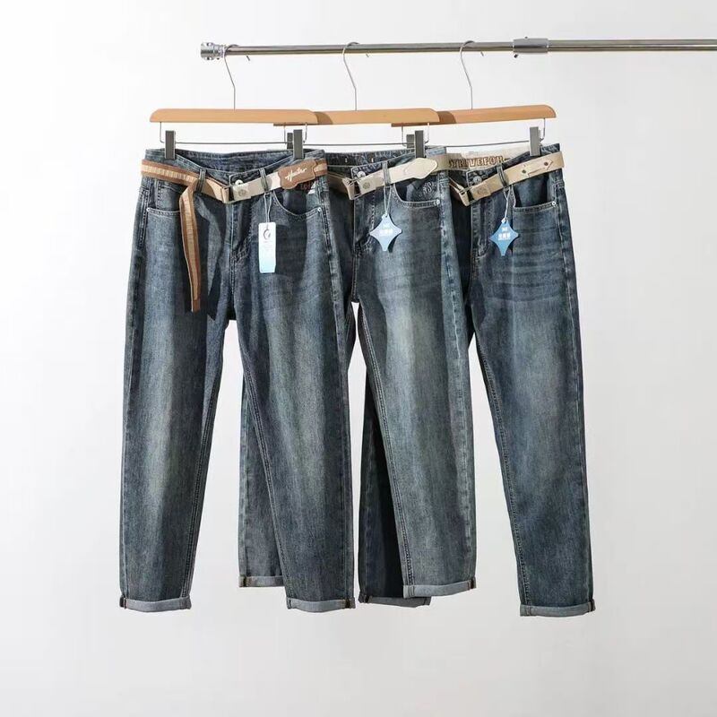 Old Money Style Retro Belt Included! Men's Washed Loose Straight Stretch Casual Harem Dad Jeans