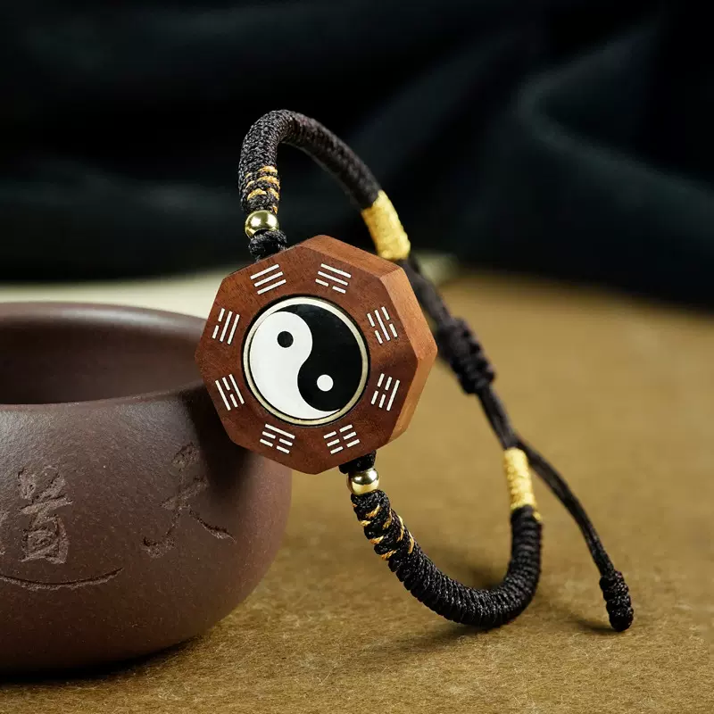 枣木镶银手串道家饰品太极手牌转运檀木高品质真货男女复古镶嵌