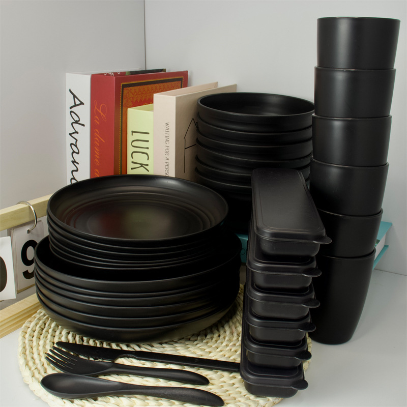 Amazon plato de comida negro tazón de sopa taza cuchillo tenedor cuchara vajilla juego de paja de trigo juego de regalo de campamento al por mayor