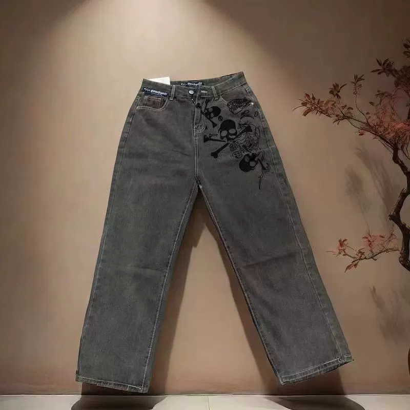 2024 новые американские высокие улицы y2k ретро черный серый череп принт свободные прямые джинсы джинсы мужчины