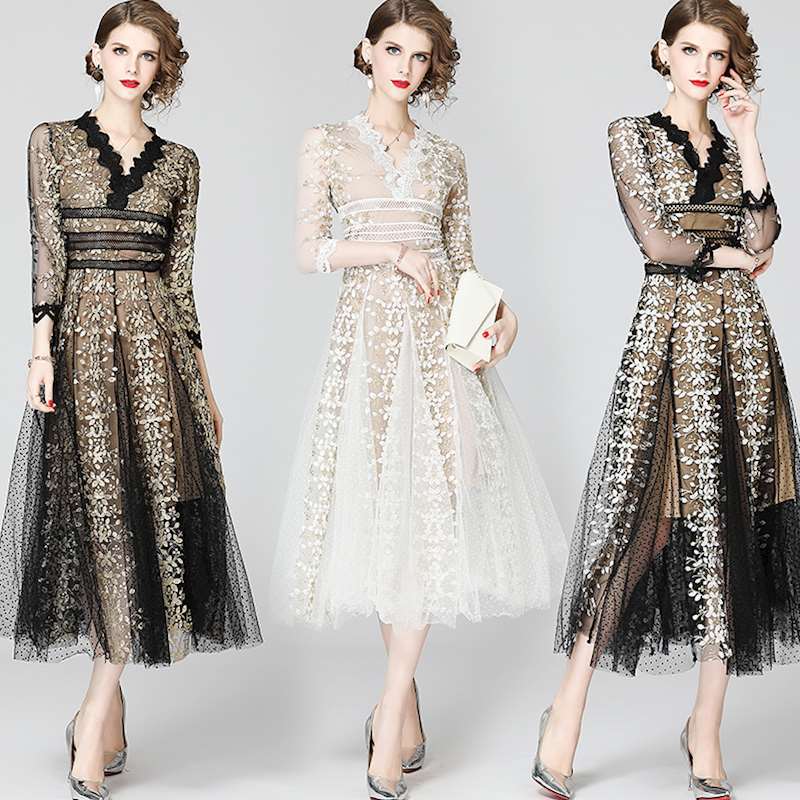 法式名媛礼服长裙女2021新款重工刺绣蕾丝超仙网纱连衣裙