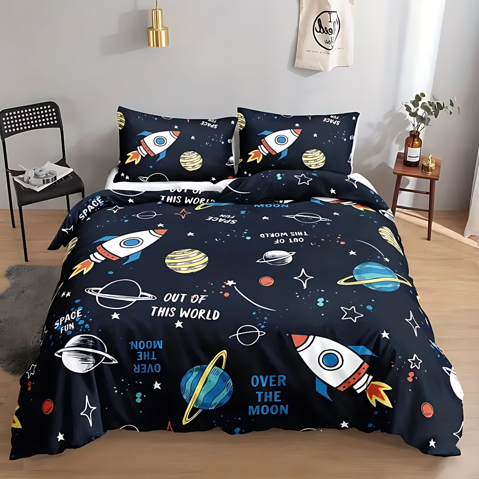 TEMU / JIT transfronterizo dibujos animados tema espacial impresión digital HD suave edredón transpirable kit de funda de almohada