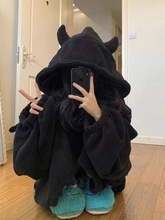 可爱小怪兽睡袍女冬季长款加绒加厚珊瑚绒连体睡衣冬款连帽家居服