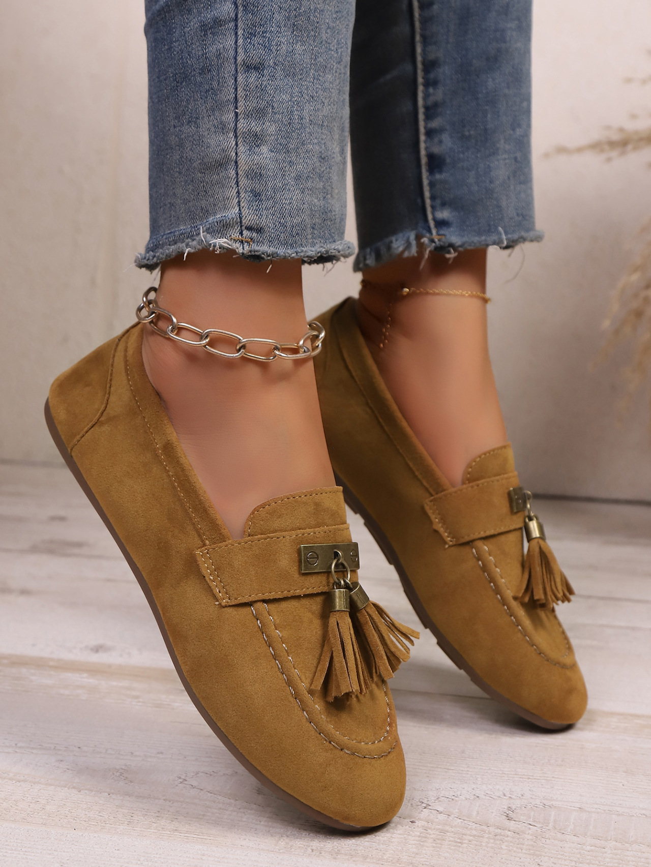 Bequeme Damen Wildleder Slipper Freizeitschuhe Mit Quasten Dekor_voghion.com