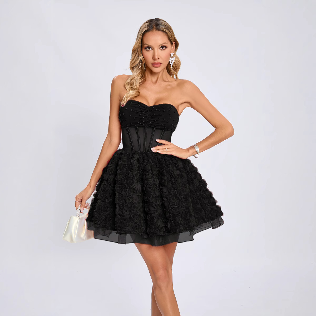 Cross-border Women's Sexy Strapless Beaded Mesh Stitching Three-dimensional Flower Puffy Skirt Women's Banquet Party Dress