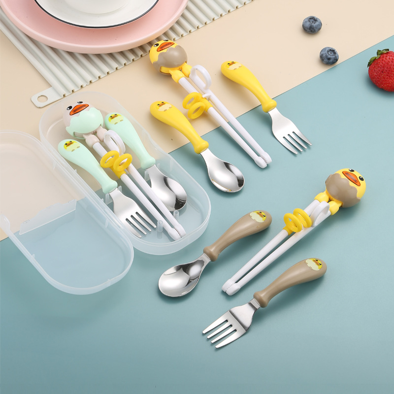 宝宝喂养儿童餐具练习筷小萌鸭304不锈钢叉勺辅食学习筷三件套装|ms