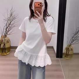 夏季新款圆领弹力女韩式体恤白色蕾丝花边短袖恤显瘦百搭上衣