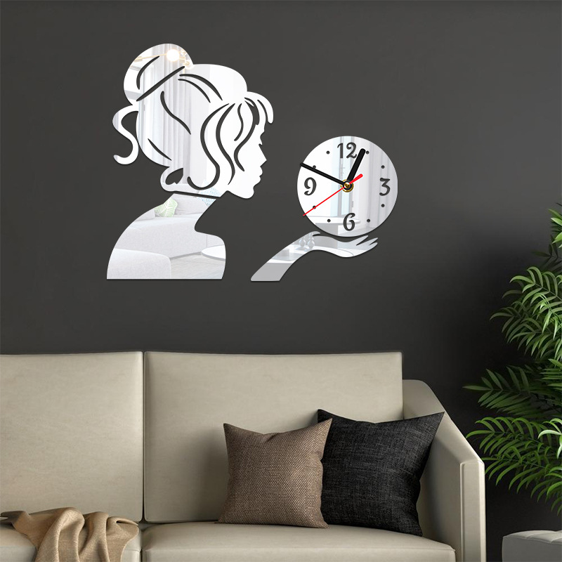 Flicka Spegelklocka Kreativ Akryl Vägg Personlig DIY Vardagsrum Tyst Klocka_voghion.com