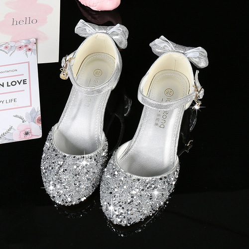 Children's princess shoes summer Korean style sandals durable high heels baby silver single shoes little girl performance shoes