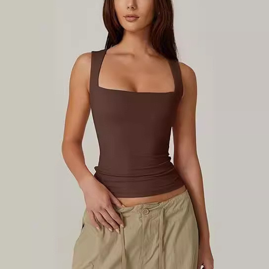 Summer New Women's Square Neck Sleeveless Double Layer Vest Basic Tight T Shirt_voghion.com