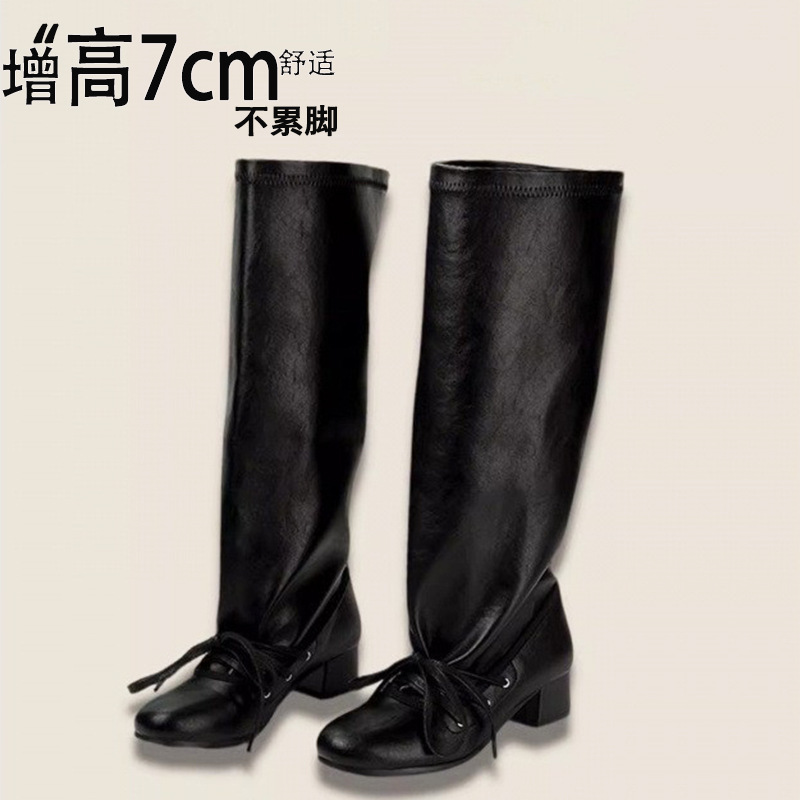 圆头粗跟高筒小众系带堆堆靴子女2025秋季新款真皮韩版长筒骑士靴|undefined