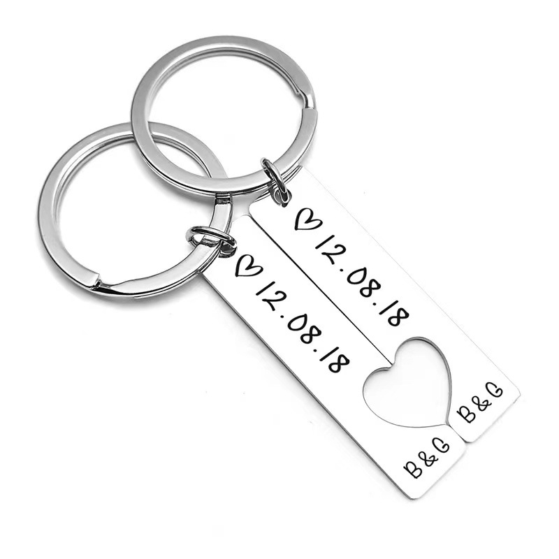 Number, Heart Shape Pattern Hot Selling Stainless Steel Strip Heart-Matching Personality Simple Couple Keychain Engraved Date Factory In Stock Wholesale