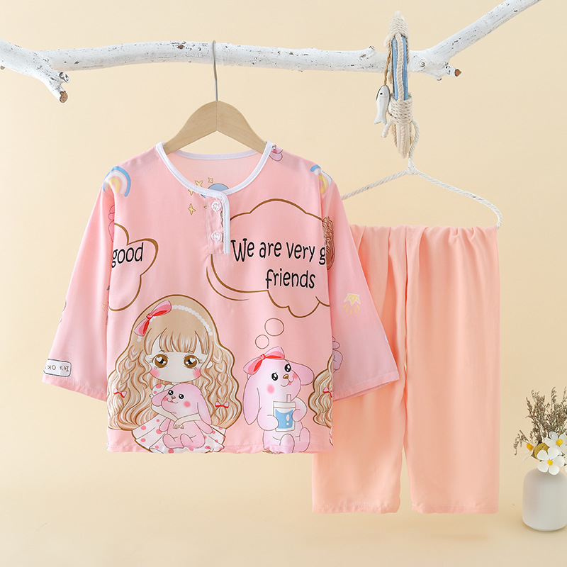 Summer Children's Cotton Silk Pajamas Thin Boys and Girls' Baby Home Clothes Boys' Cotton Silk Girls' Air Conditioning Suit Set