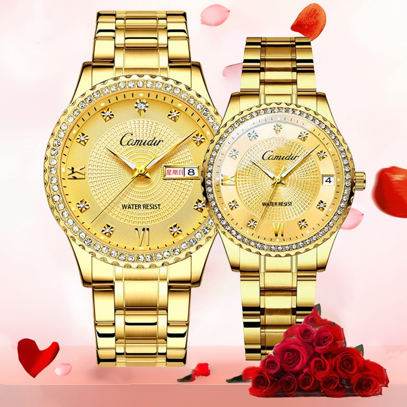 Diamond Couple Watch Pair Men's Watch Men's Luminous Dual Calendar Waterproof Goddess Quartz Watch Solid Steel Strap