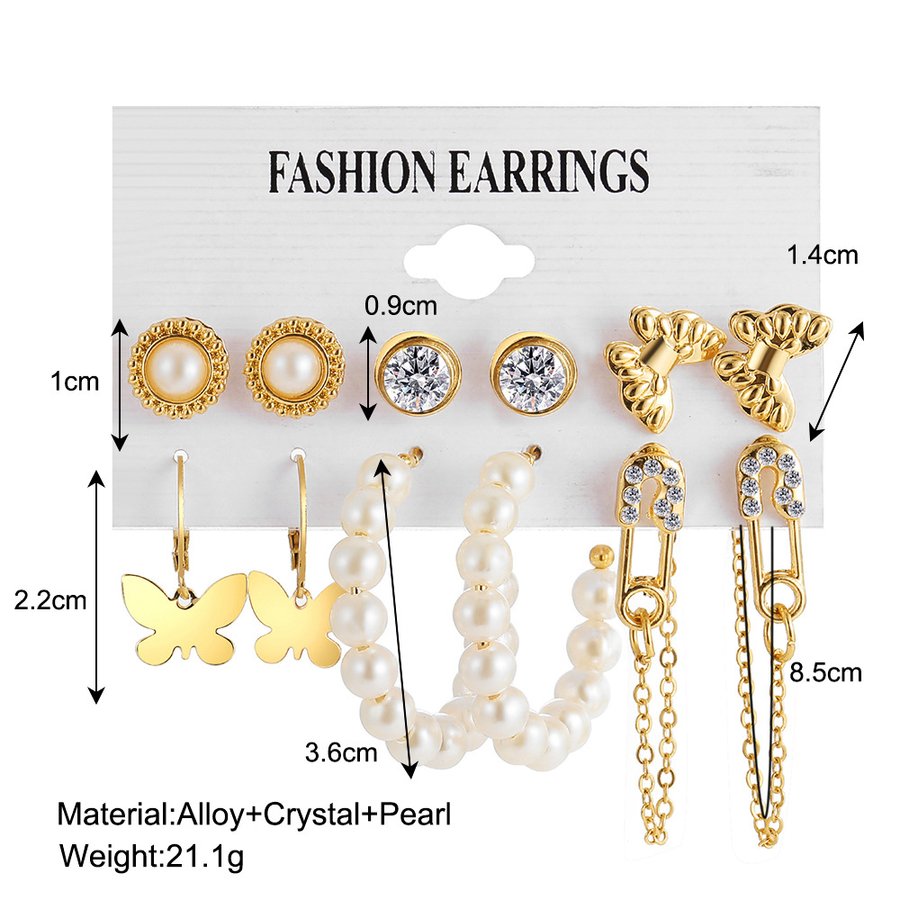 Creative Elegant Gold Butterfly Inlaid Rhinestone Pearl Earrings Set 6 Pieces display picture 1