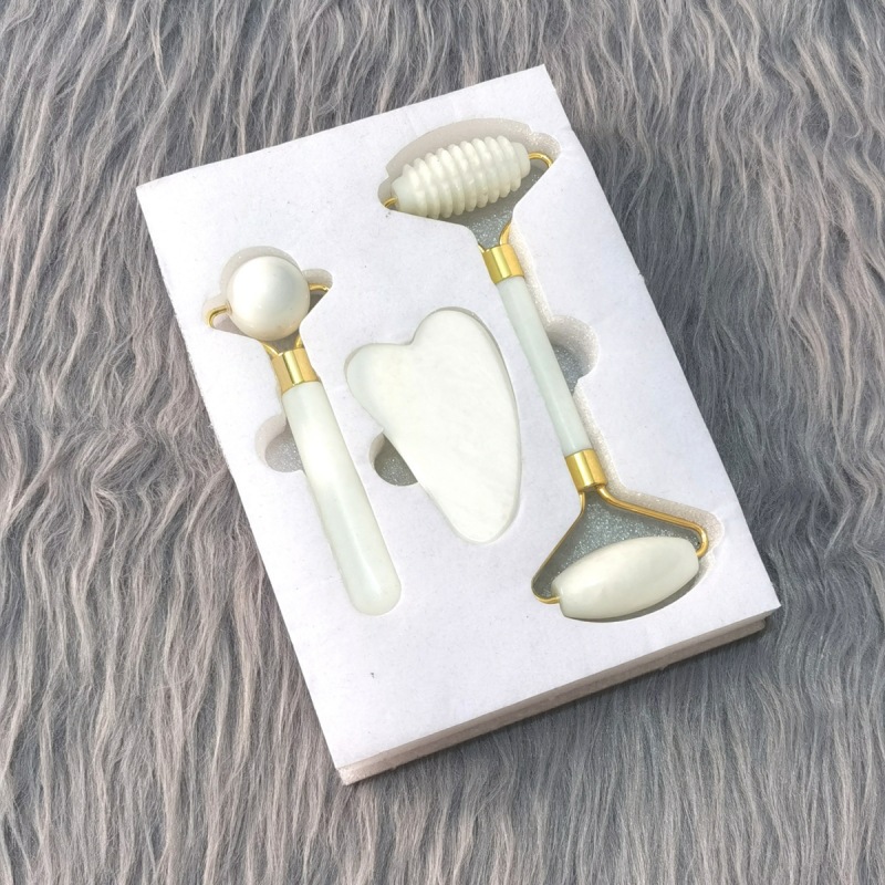 Contenedor de belleza de jade natural, rodillo de jade de doble cabezal, conjunto completo facial, contenedor de belleza de masaje, comercio exterior, jade al por mayor