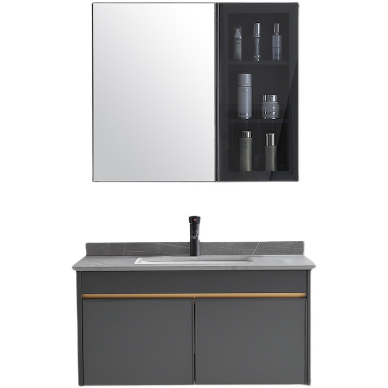 Engrosado espacio gabinete de baño de aluminio combinación de baño mesa de lavado integrado lavabo de cerámica Placa de roca lavabo espejo gabinete