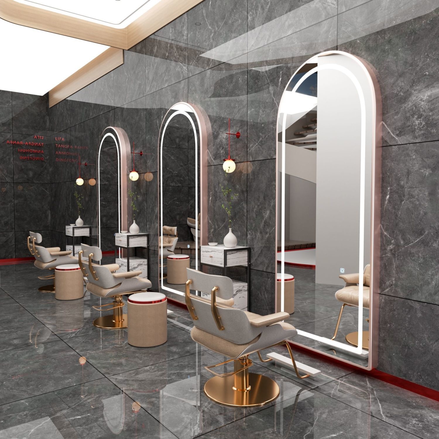 Barbería espejo salón especial barbería escaldar y teñir espejo con lámpara LED elíptica pared colgante suelo espejo de corte de pelo de lujo ligero