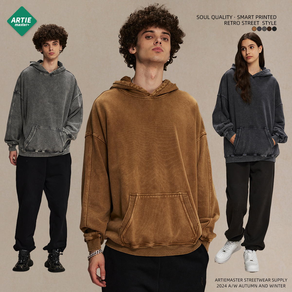 ARTIE ropa de Hombre | Heavy 420g vintage apenado suéter con capucha suelto encerado lavado hombres moda marca TOP