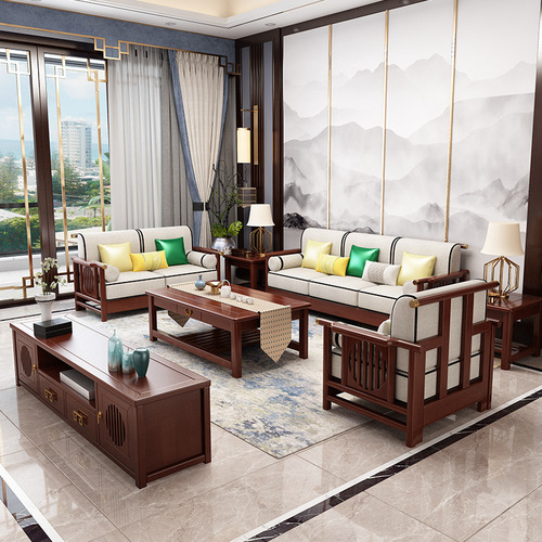 New Chinese style solid wood sofa combination modern simple Chinese style wood plus cloth sofa hotel villa living room furniture