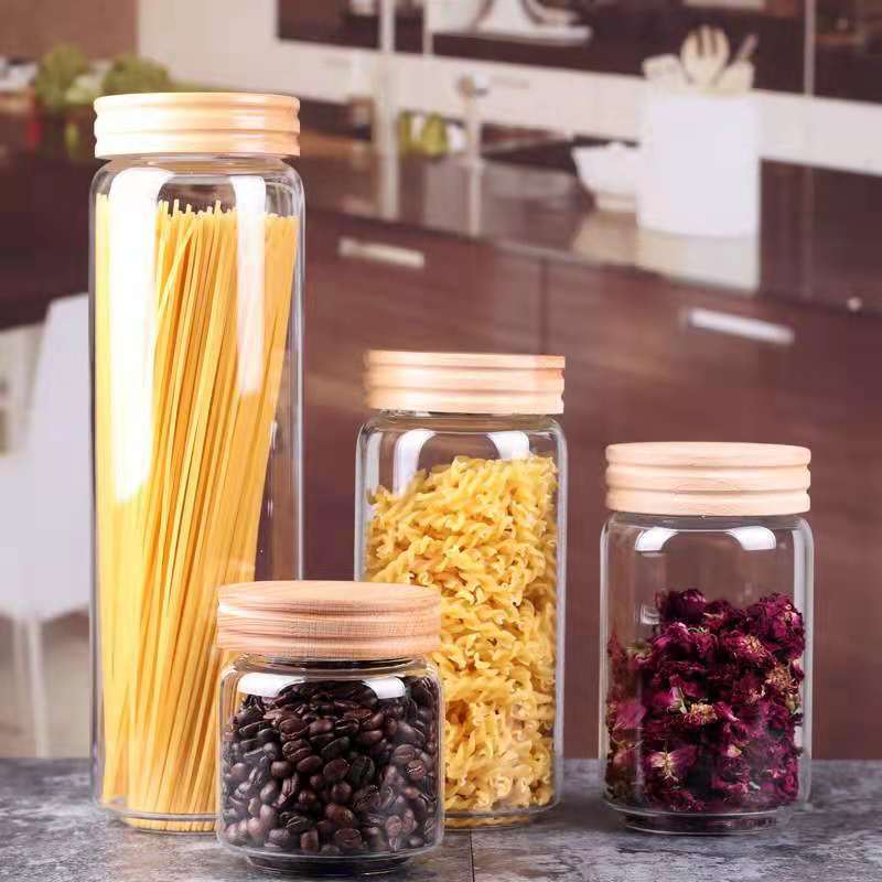 亚马逊螺纹口木盖玻璃密封罐茶叶罐枸杞咖啡收纳罐高硼硅玻璃瓶
