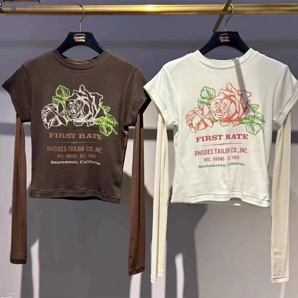 日单M家 2024秋季新款复古玫瑰印花两件套长袖T恤女010HAQ90-3081