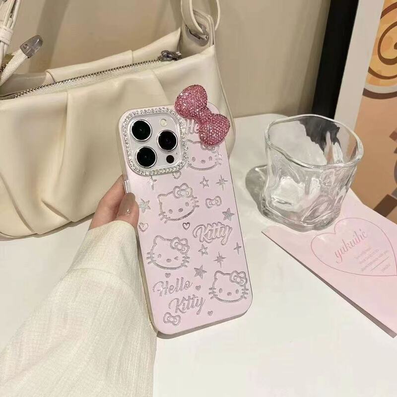 Cartoon Cute Bow Kt Cat Suitable for Iphone17 Case 14Promax Apple 13 New Model 12 Full Package