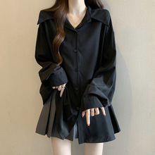 黑色大码新款中长款上衣外正2025长袖衬衫感春季肩胖mm外套女高级