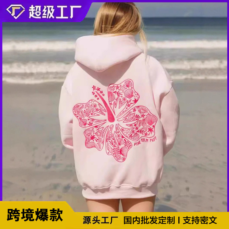 Cross-Border Foreign Trade European Size Women's Drop Shoulder Ribbed Hawaii Hibiscus Brand Sweatshirt Hoodie with Print