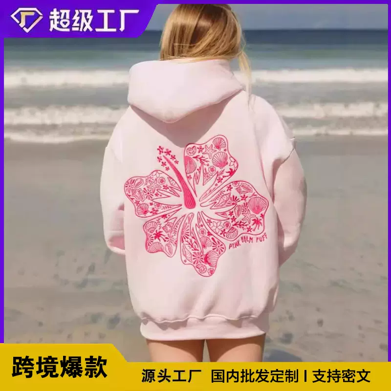 跨境外贸欧码女士落肩袖螺纹Hawaii Hibiscus品牌卫衣连帽衫印花