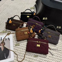 复古麂皮纹真皮链条饭盒包包女2025秋冬新款高级感时尚单肩斜挎包