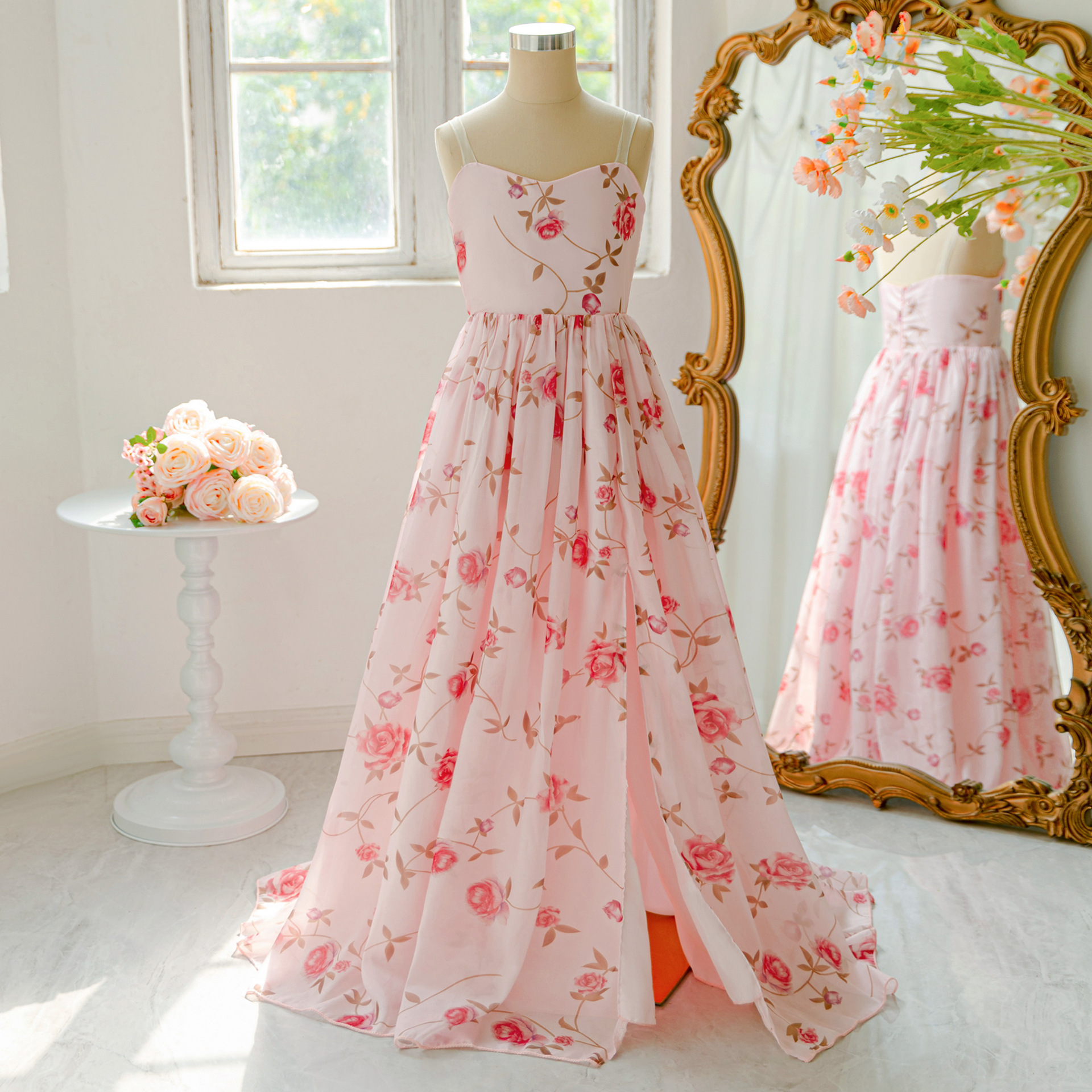 Vestido estampado de tirantes para niños de Amazon europeo y americano, vestido floral de longitud media, vestido de fiesta, vestido de princesa de fiesta dividido