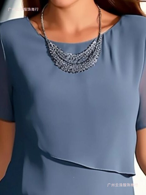 European and American Cross-Border Foreign Trade Women's Clothing Solid Color Short-Sleeved Shiny Ruffled Round Neck Casual Dress European and American Cross-Border Foreign Trade Women's Clothing Solid Color Short-Sleeved Shiny Ruffled Round Neck Casual Dress