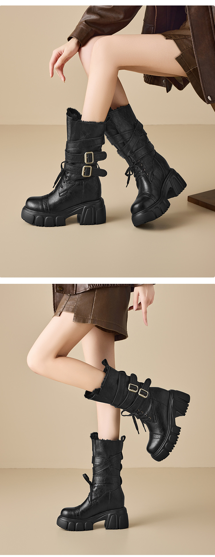 Boot cổ trung nữ gót vuông 10cm phong cách biker khóa thắt lưng — nhung nâu chi tiết 6