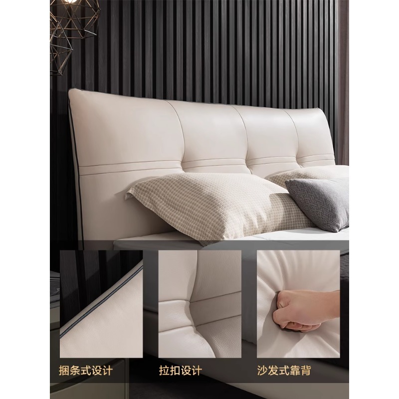 Cama de cuero beige, cama de matrimonio, cama de cuero, cama de madera maciza, cama de cuero, cama doble, cama moderna, cama de cama principal, cama queen