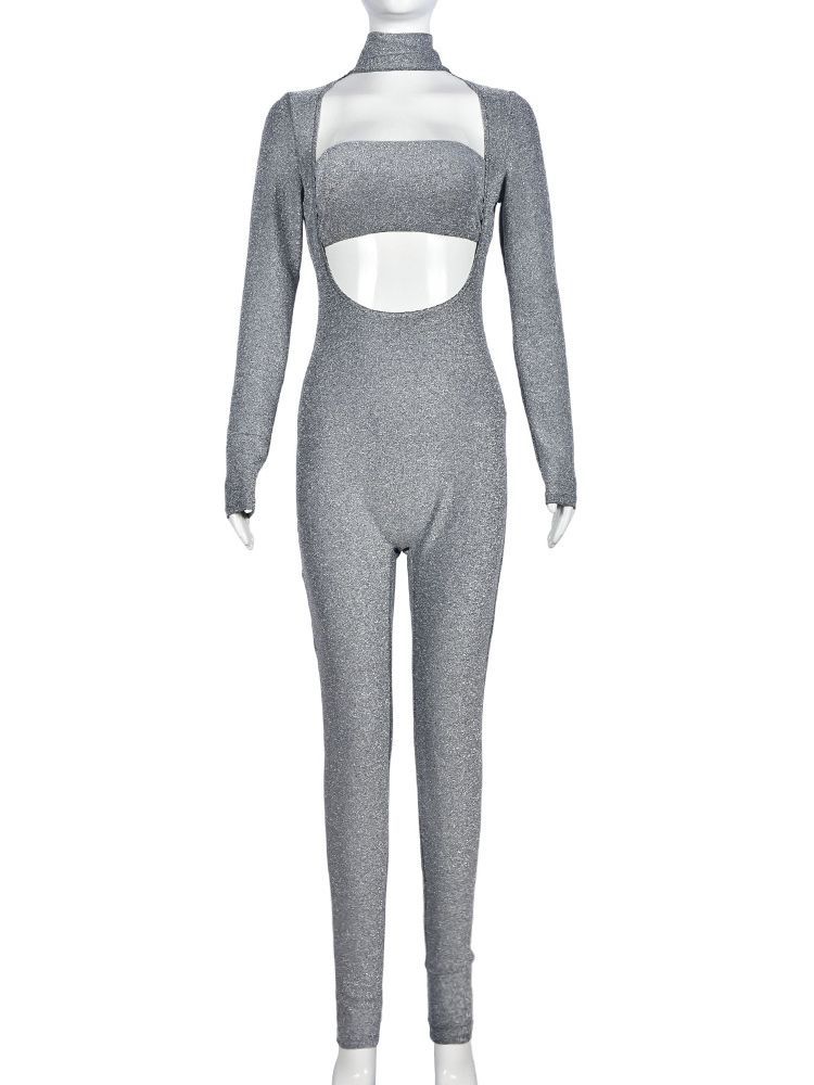 9624JD nazada europea y americana de comercio exterior ropa mujer cuello alto manga larga sexy Hollow stretch jumpsuit mujeres