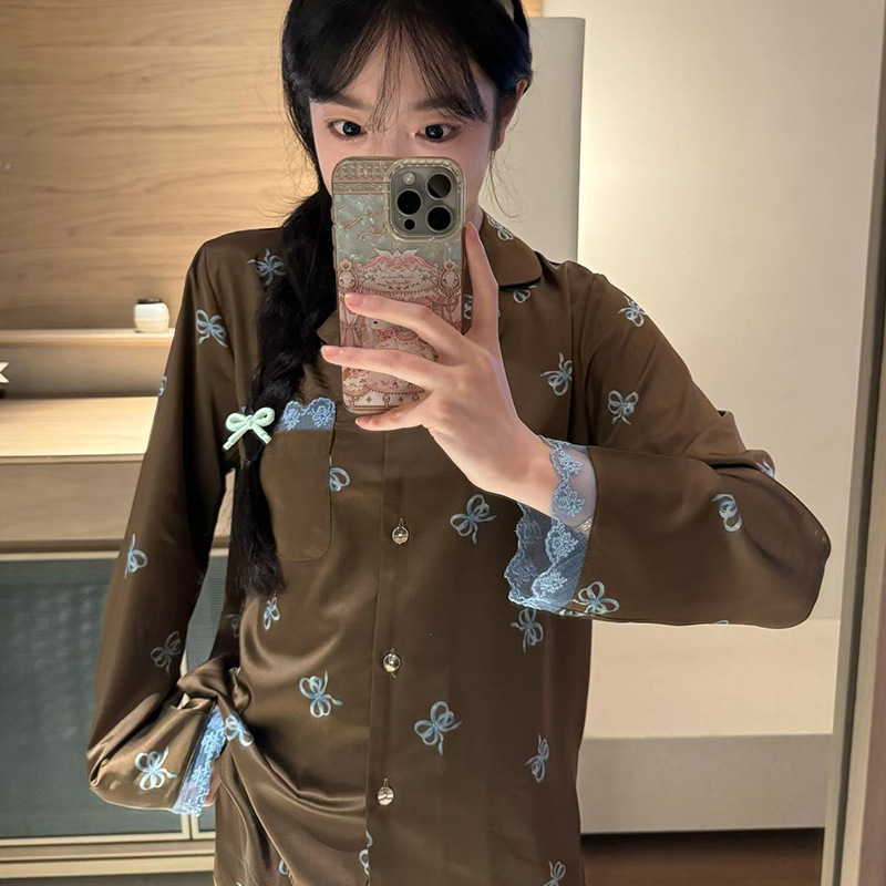 Lace Bow Coffee Color Ladies Cute and Sweet Style Ice Silk Silk Pajamas Autumn and Winter Long-Sleeved Warm and Comfortable Home