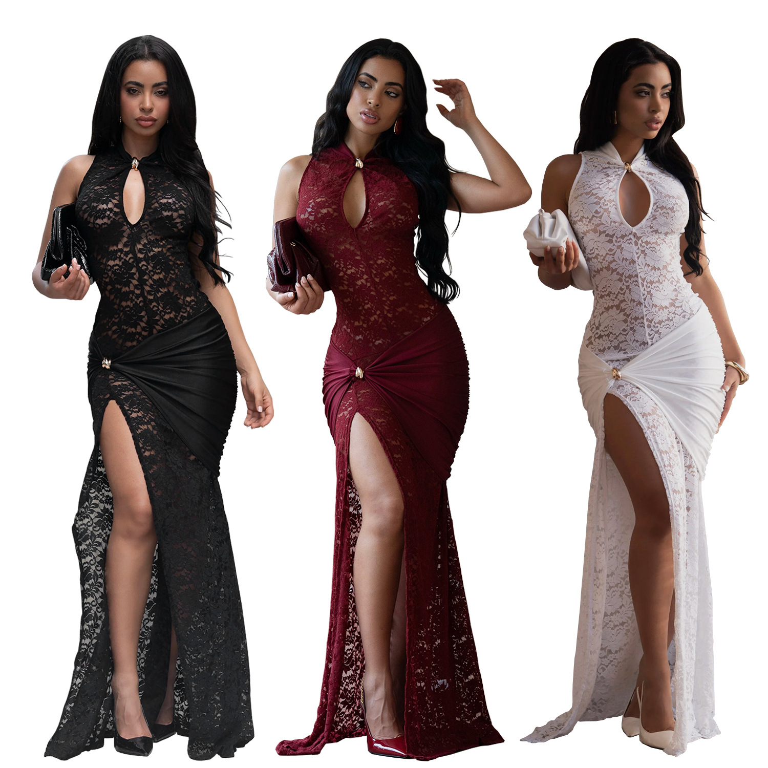 C7641 Aliexpress transfronterizo amazon ropa de moda europea y americana de mujer sexy encaje hueco bifurcado vestido delgado