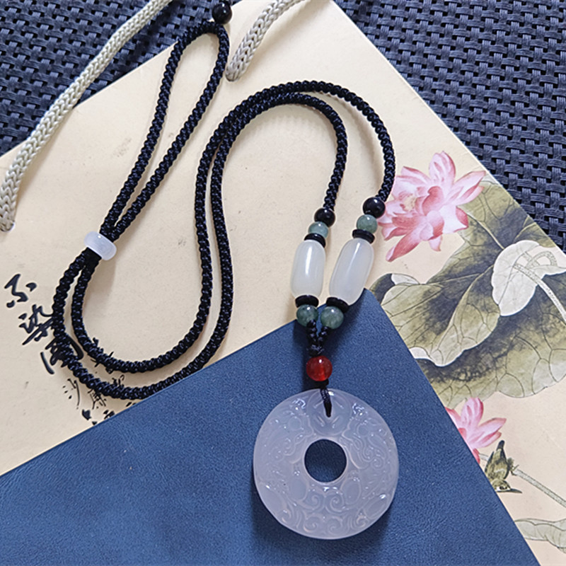 화이트 옥수 더블 용사 피스 버클 펜던트 (모조 헤티안 옥 로프 부착)