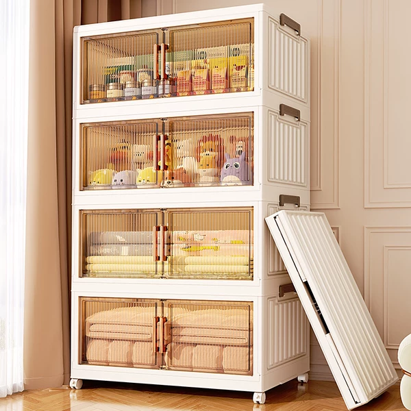 Foldable, installation-free storage cabinet with wheels, stackable storage cabinet, snack cabinet, movable dust-proof storage cabinet