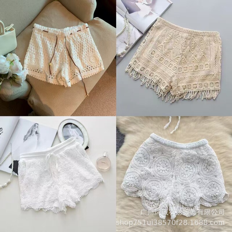 New High-End Lace Crochet Shorts for Women, Loose Casual High-Waisted Elastic Tropical Pants for Women, Versatile Outer Wear