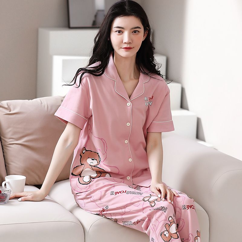 Pijamas de mujer primavera y verano 2023 nuevo 100% algodón cardigan pantalones de manga corta casual traje de desgaste para el hogar