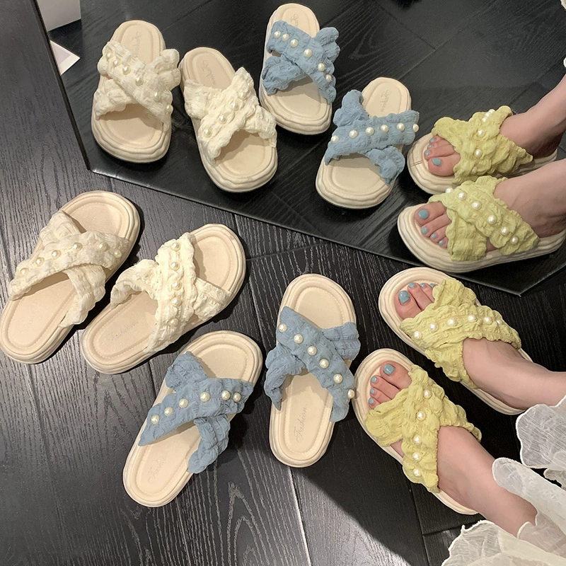 Жемчужные тапочки, женская летняя одежда, мода, супер огонь, 2022, новый стиль на толстой подошве, сандалии интернет-знаменитостей, взрывы в приливах