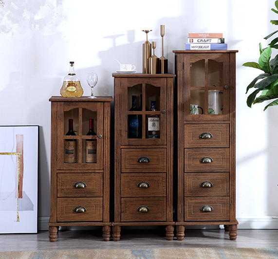 9WOR復古美式實木斗櫃收納櫃多功能帶門靠牆客廳電視櫃儲物小櫃裝