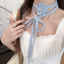 蓝色玫瑰花手工针织钩花围脖细窄长条丝巾女2025年春新款配饰飘带