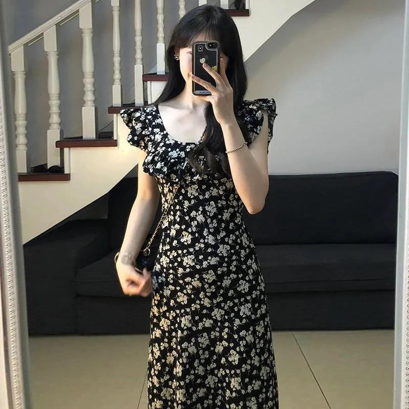 Tea Break French Hepburn Style Black Floral Dress Women's Summer 2025 New Style Waist-Cinching Long Skirt