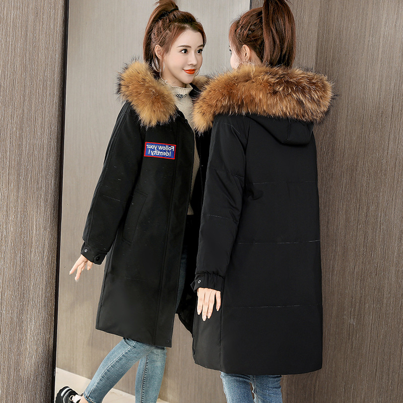 Chaqueta de pluma media y larga para hombres y mujeres de invierno nueva chaqueta de algodón de cuello de lana grueso abrigo de pareja suelto chaqueta de algodón con capuz