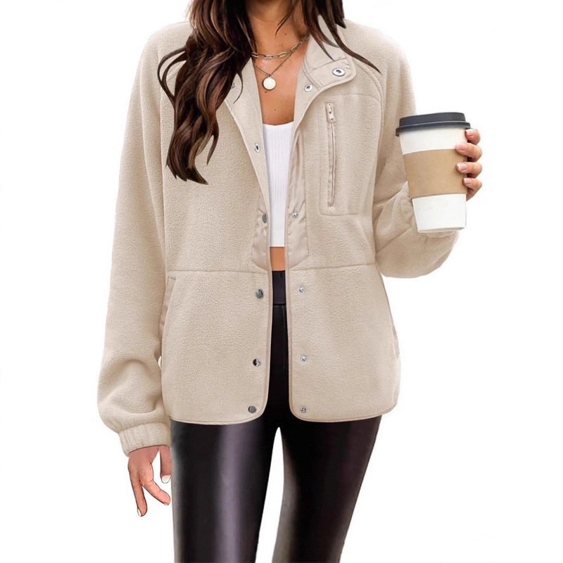 2025 European and American Cross-Border Women's Comfortable Wool Jacket Printed Snap Button down Jacket with Flap Pocket Pantss Casual Warm Jacket