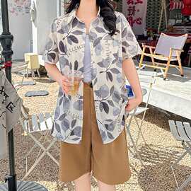 海边度假风短袖花衬衫女夏威夷ins超仙沙滩衬衣复古港风宽松上衣